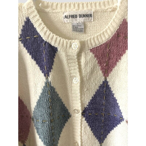 Alfred Dunner Chenille Cardigan Sweater Size Large Granny White Argyle Vtg - Picture 2 of 4